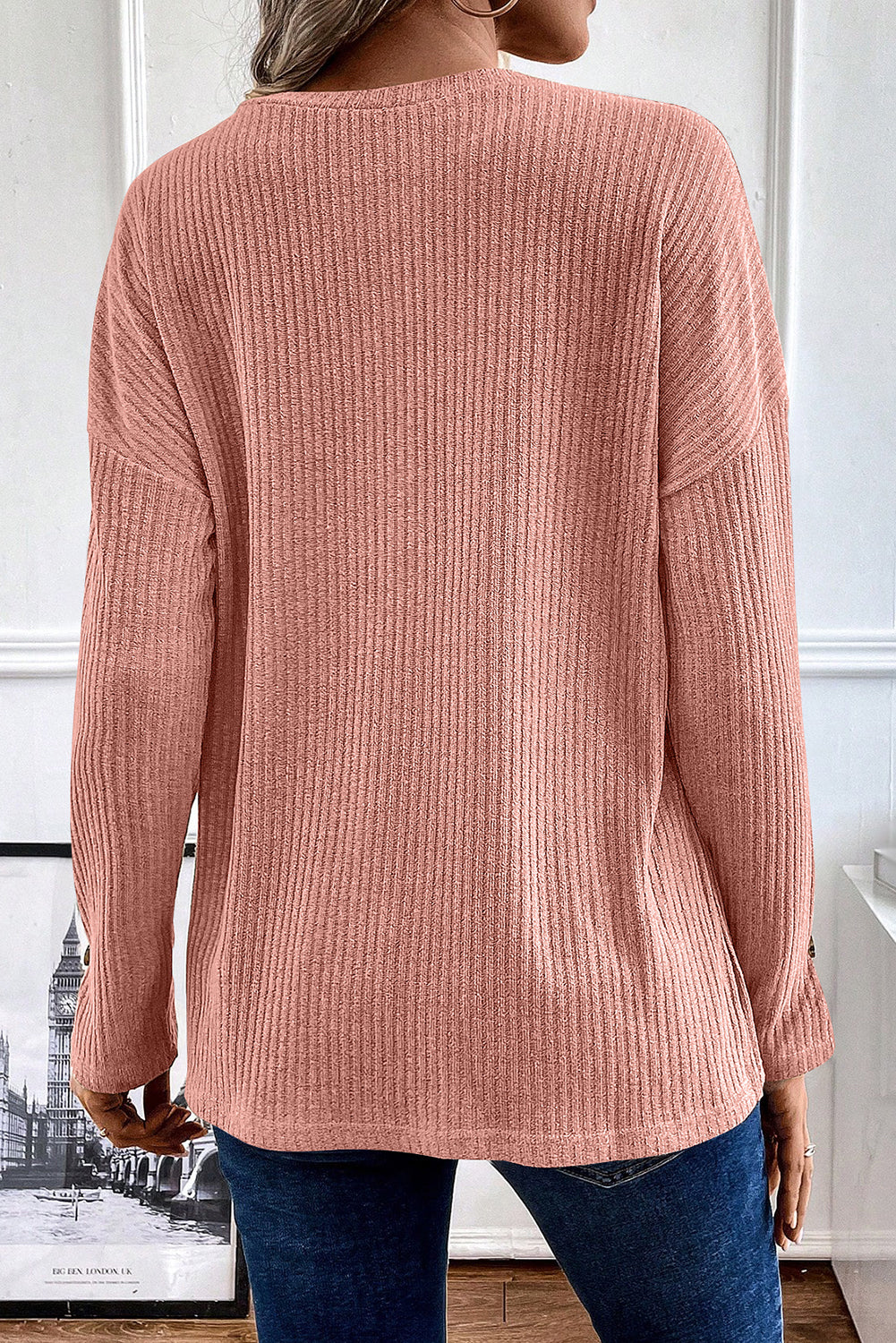 Rose Rib Textured Henley Knit Top