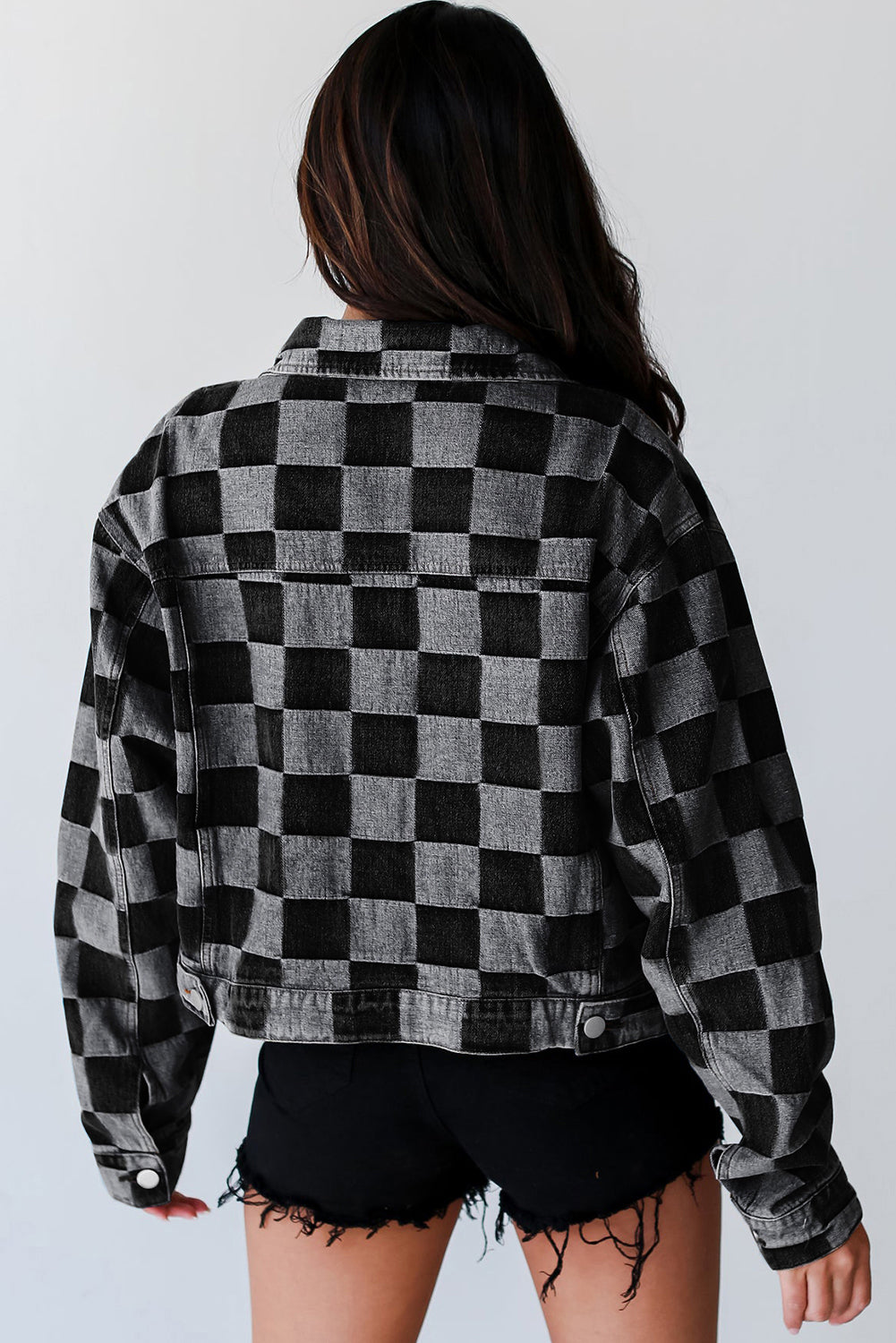 Black & Gray Checkered Button Up Denim Jacket