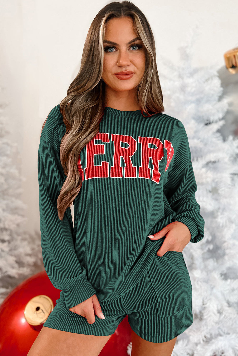 Pine Green Corded MERRY Graphic Long Sleeve Top and Shorts Set