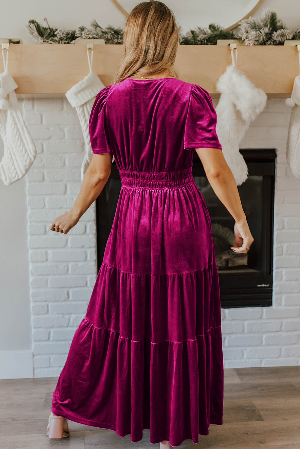 Magenta Velour Short Sleeve Shirred Waist Tiered Maxi Dress