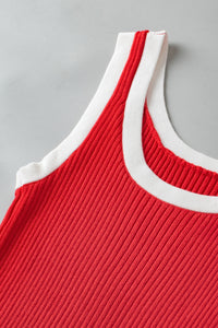 Red and White Trimmed Ribbed Stretch Knit U-Neck Tank Top