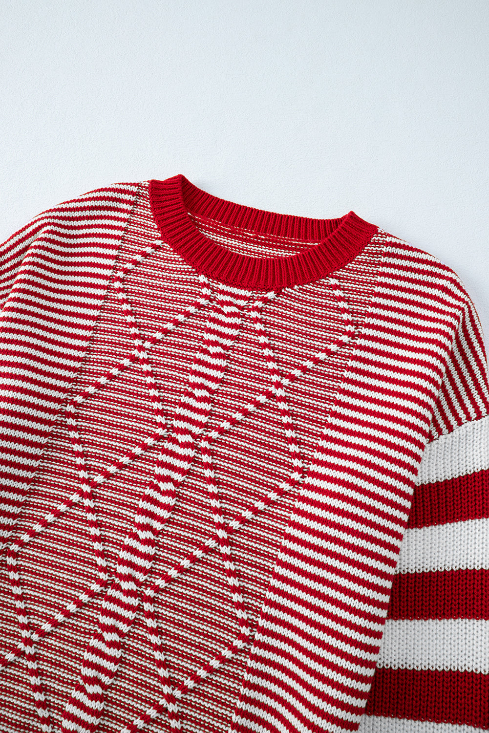 Red Stripe Long Sleeve Geometric Textured Knit Sweater