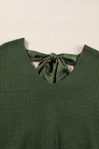 Pine Green Lantern Sleeve V-Neck Tied Open Back Knit Sweater