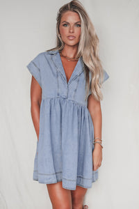 Light Wash Cap Sleeve High Waist Denim Babydoll Dress