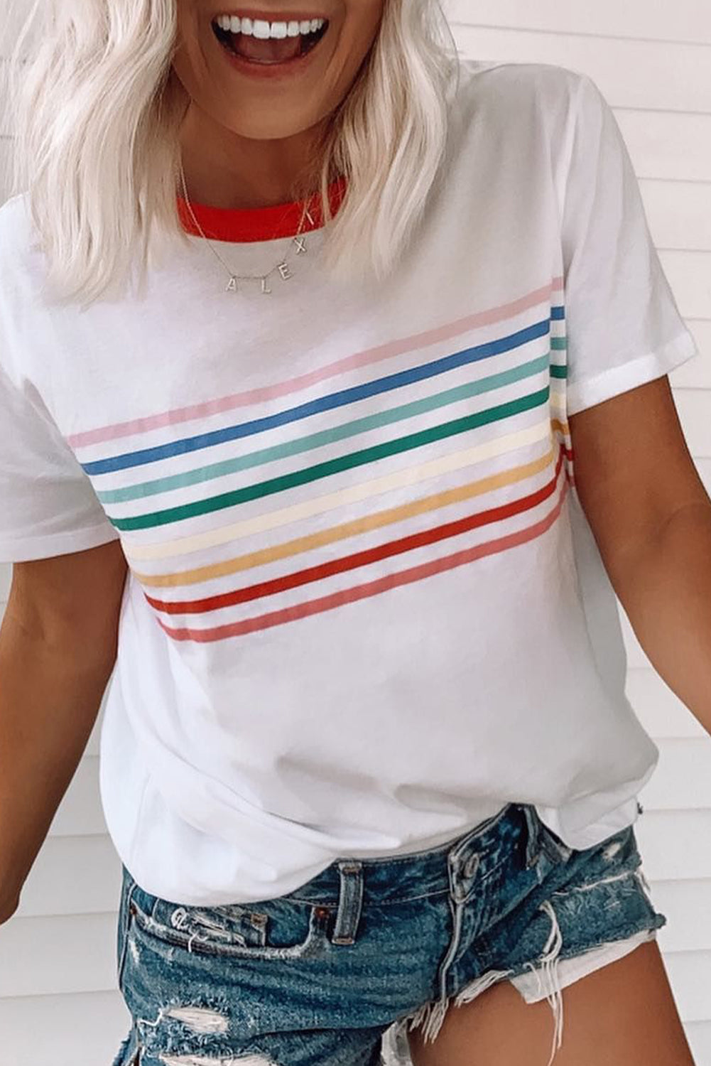 White Rainbow Stripe Print Red Trim Crew Neck T-Shirt