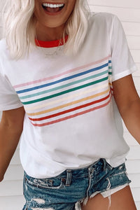 White Rainbow Stripe Print Red Trim Crew Neck T-Shirt