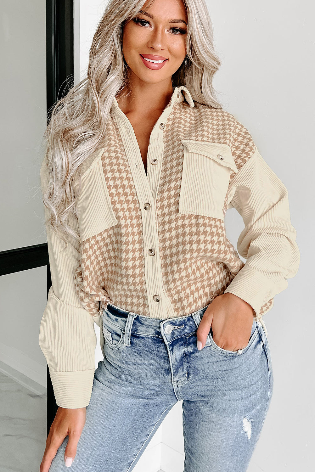 Cream Houndstooth Corduroy Patchwork Flap Pocket Shacket