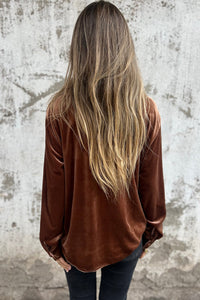 Chestnut Brown Button Down Chest Pocket Velour Loose Shirt