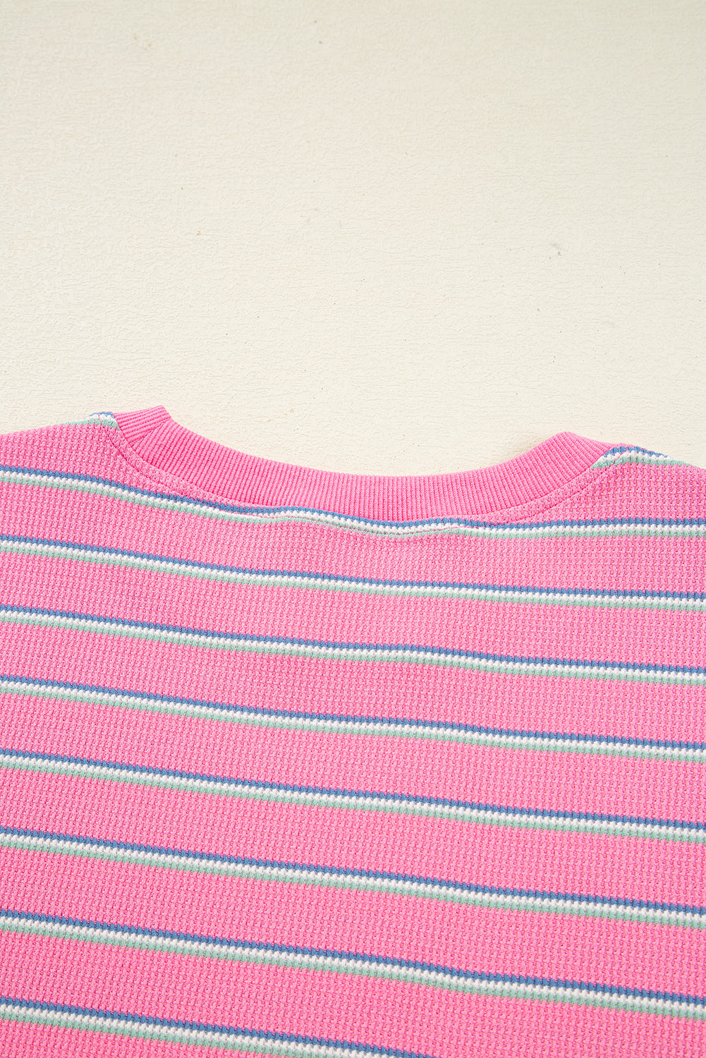 Pink Stripe Thermal Crew Neck Puckered Long Sleeve Top