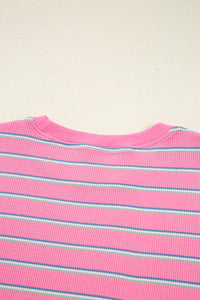 Pink Stripe Thermal Crew Neck Puckered Long Sleeve Top