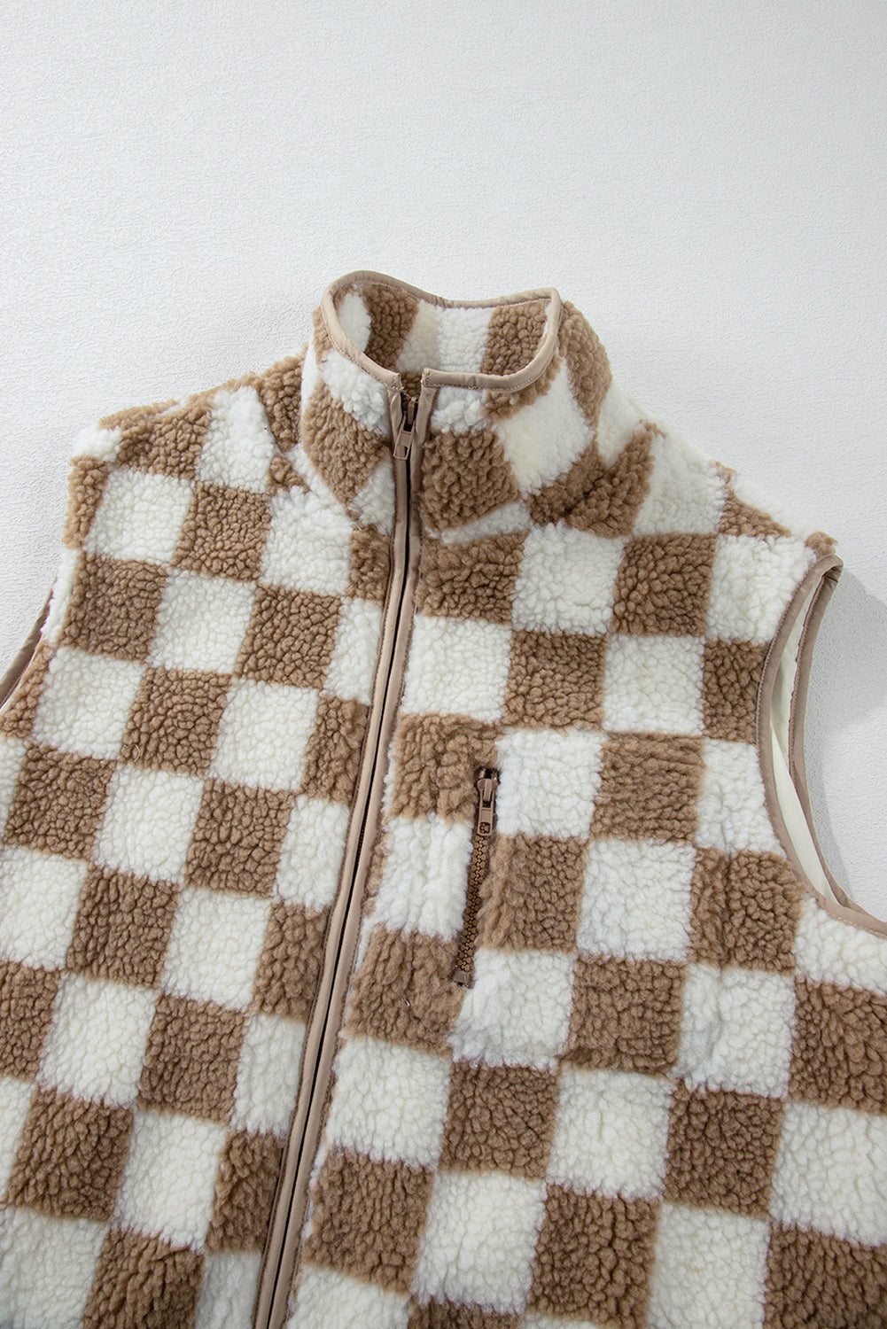 Brown & Cream Checkered Zip Up Sherpa Vest w/Zip Chest Pocket