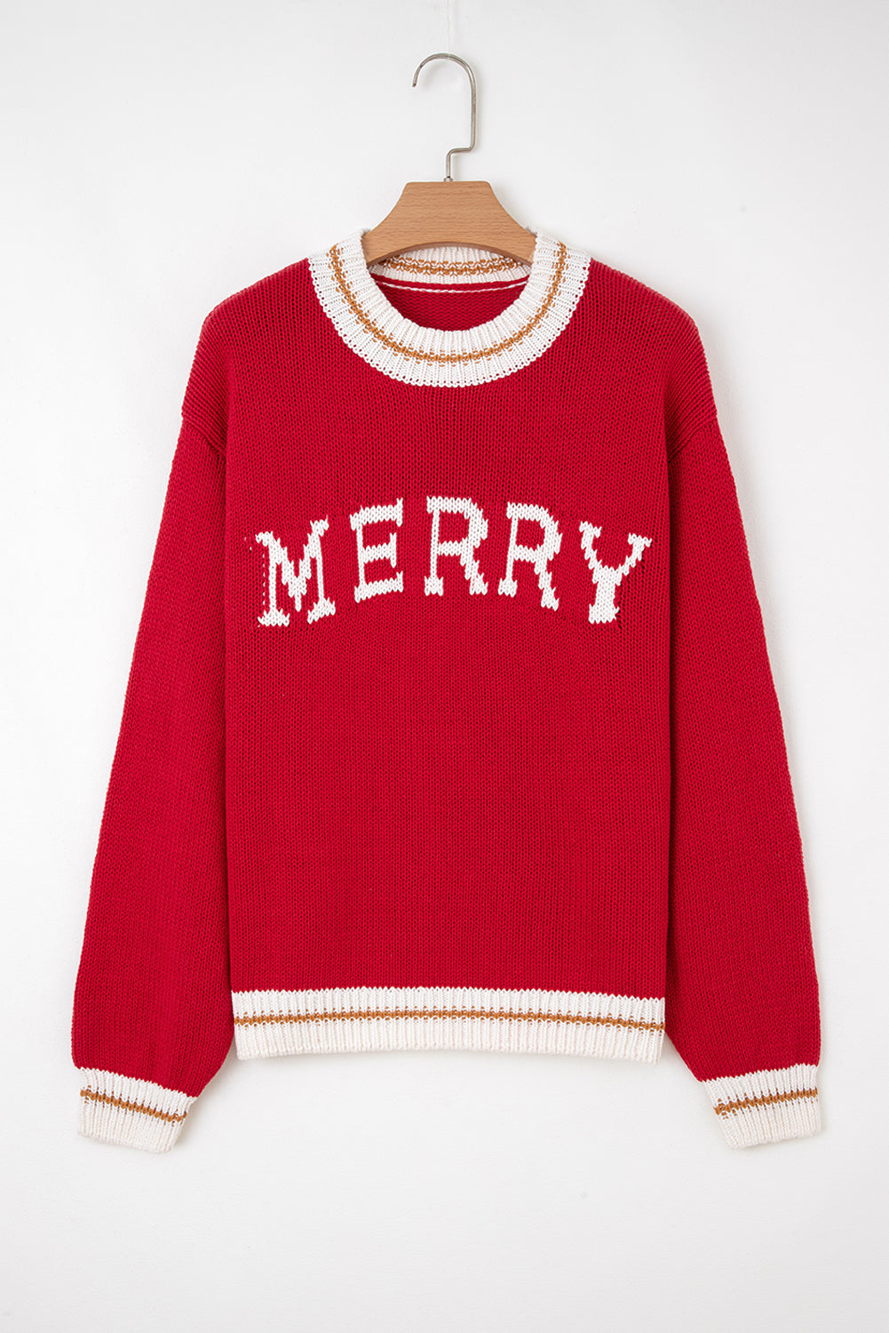 Red MERRY Stripe Trim Drop Shoulder Oversized Sweater