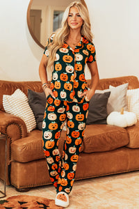 Black with Orange Pumpkins Print Short Sleeve Shirt & Pants Pajama Set