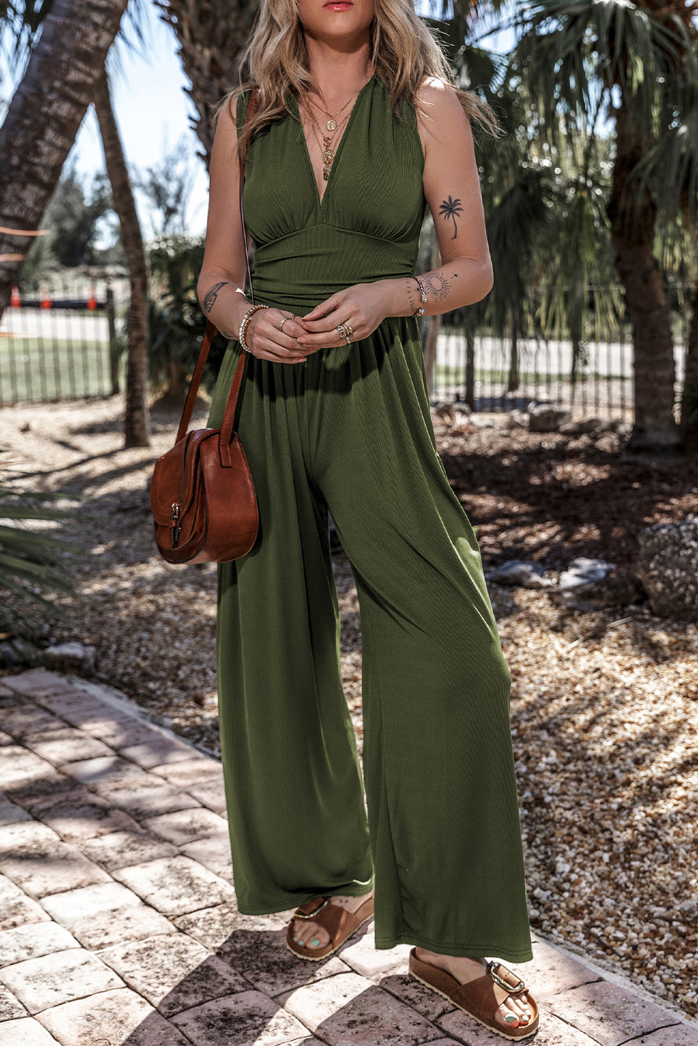 Moss Green Lightweight Sleeveless V-Neck Ruched Wide Leg Stretch Knit Jumpsuit