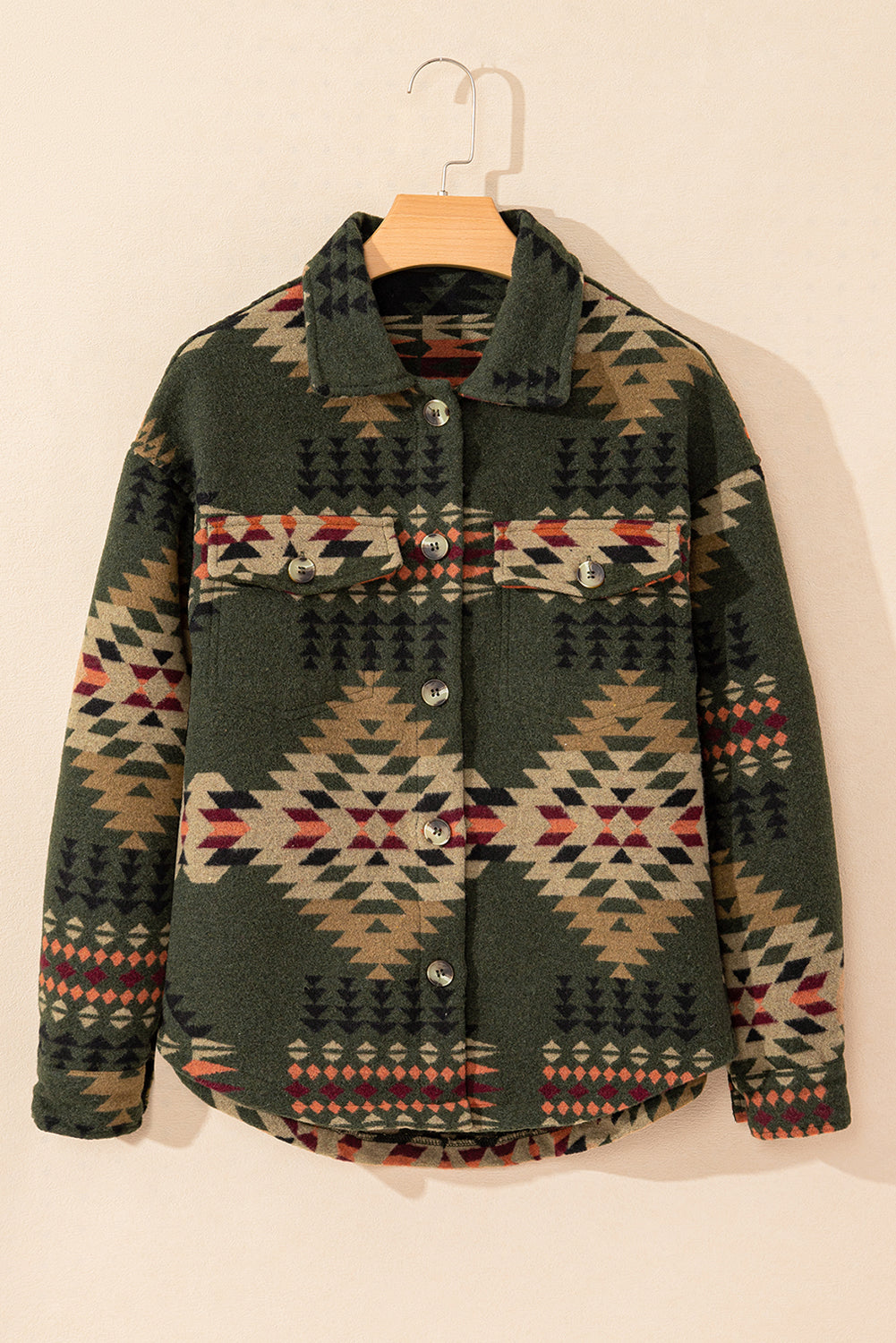 Green Aztec Print Chest Pockets Long Sleeve Shacket