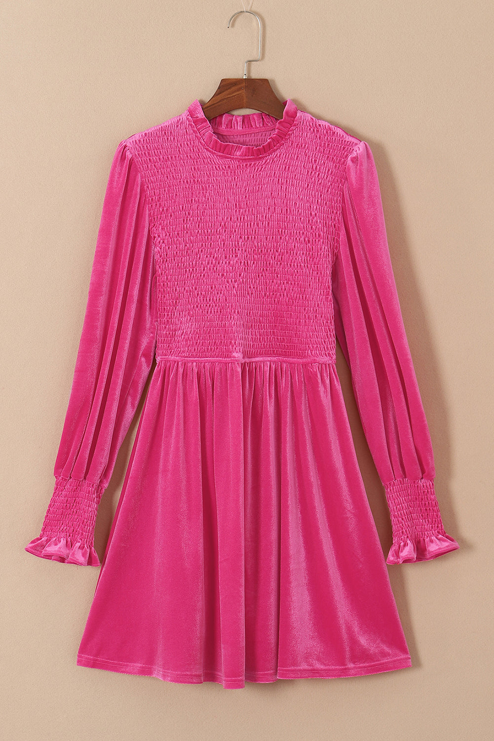 Velour Mock Neck Smocked Bodice and Cuffs Shift Dress