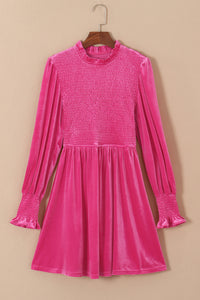 Velour Mock Neck Smocked Bodice and Cuffs Shift Dress