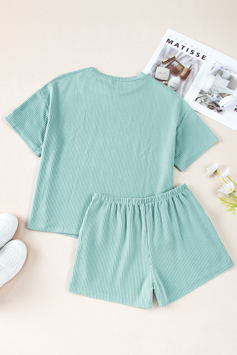 Ribbed Corded Knit Loose Fit Tee and Shorts Set