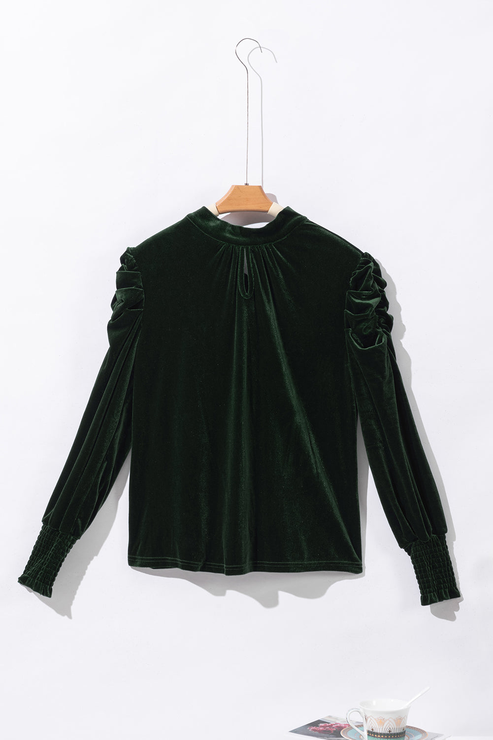 Emerald Green Tie Back Neck Ruffled Sleeve Velour Blouse