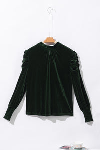 Emerald Green Tie Back Neck Ruffled Sleeve Velour Blouse