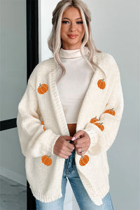 Cream Pumpkin Applique Open Front Drop Shoulder Long Cardigan