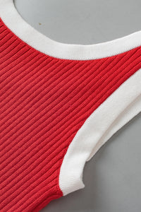 Red and White Trimmed Ribbed Stretch Knit U-Neck Tank Top