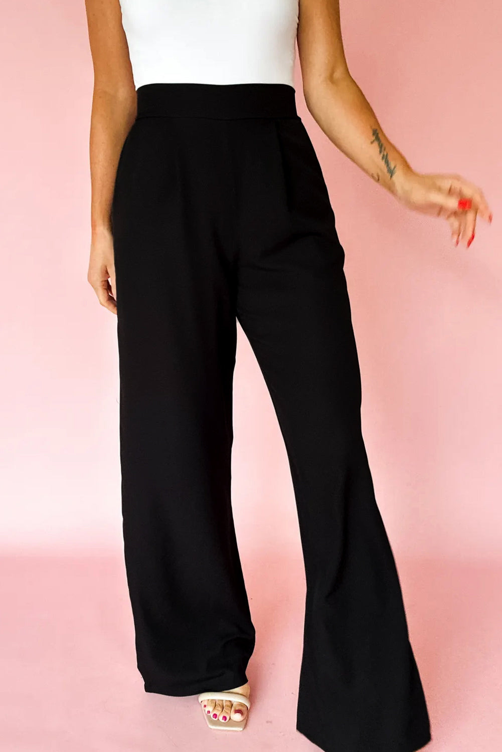 Pleated Front Pull On High Waist Wide Leg Dress Pants