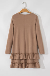 Light Brown Scoop Neck Tiered Ruffled Hem Long Sleeve Mini Dress