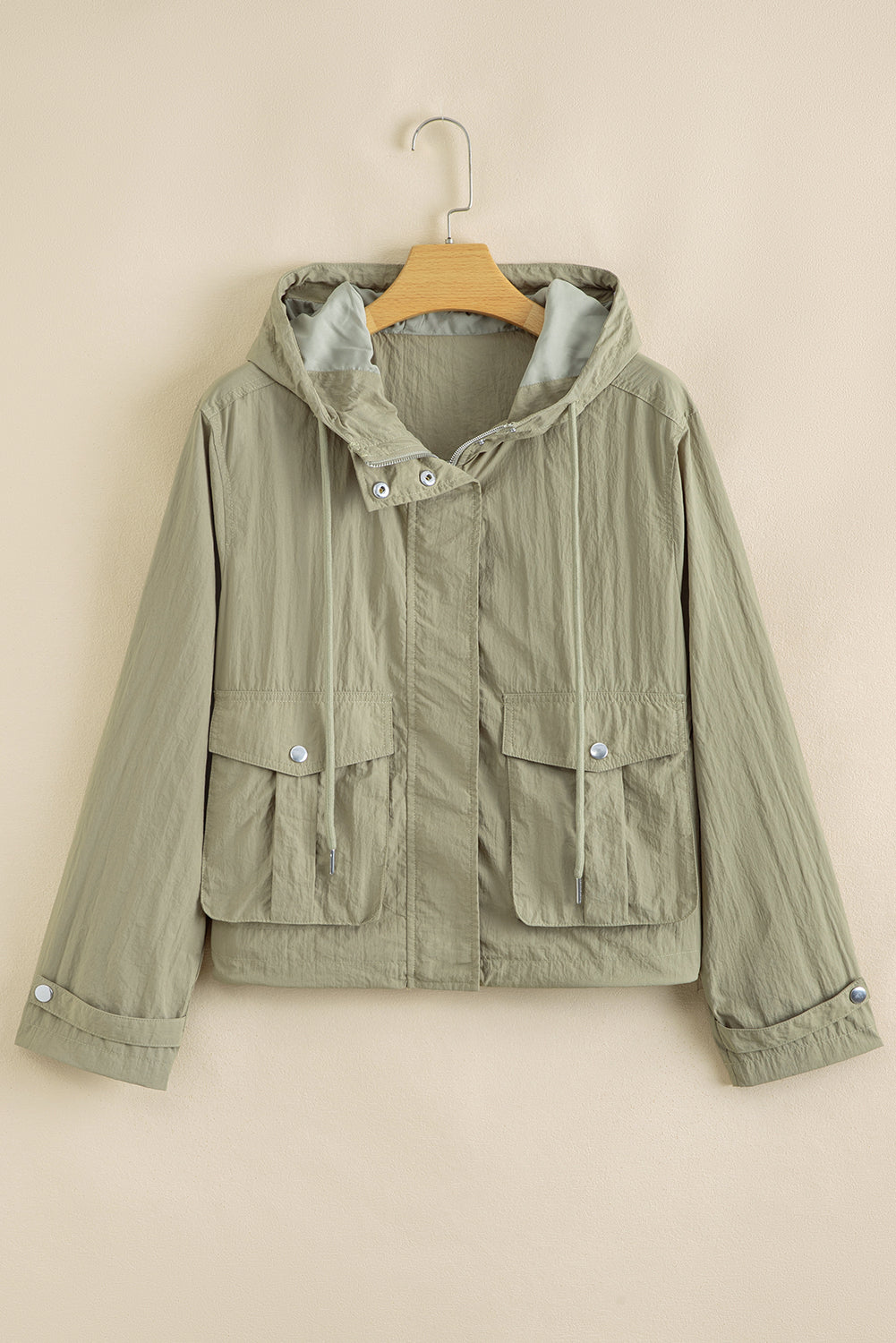 Light Olive Green Cropped Zip Up Hooded Utility Jacket
