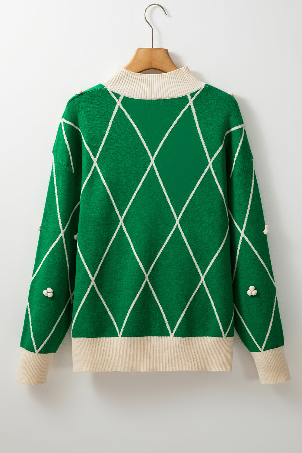 Green Diamond Pattern Pom Pom Accents Mock Neck Sweater