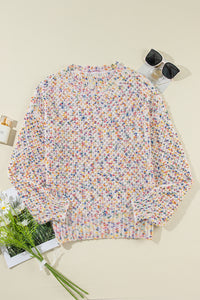 White Colorful Confetti Popcorn Knit Long Sleeve Sweater