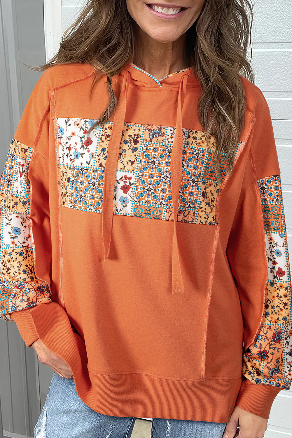 Orange Fall Floral Patchwork Exposed Seams Drawstring Hoodie
