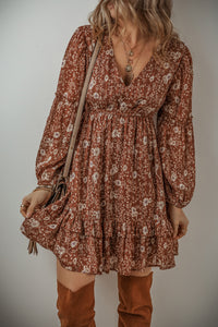 Brown Boho Floral Ruffled Puff Sleeve V-Neck Mini Dress