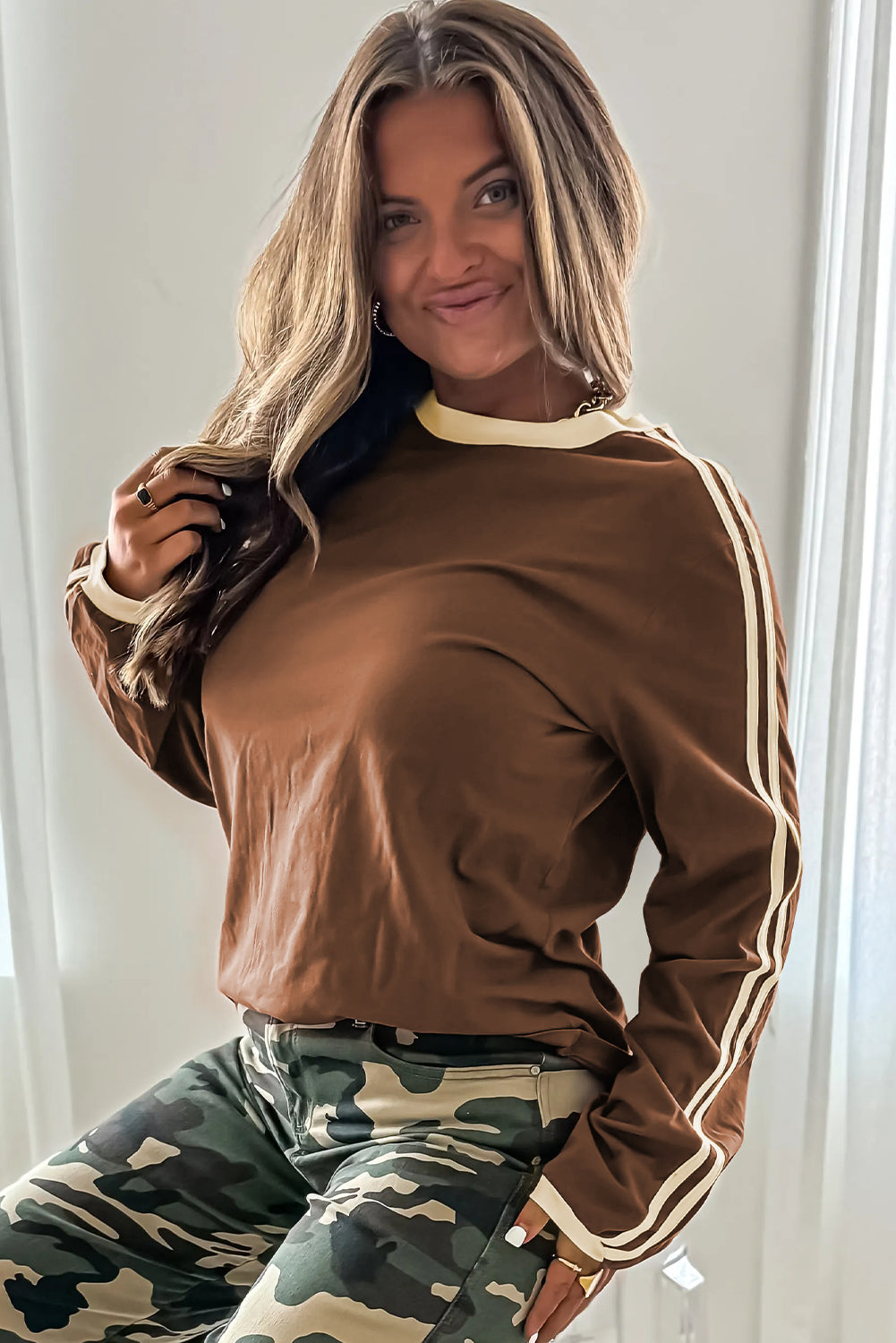 Varsity Striped Contrast Crew Neck Long Sleeve Shirt