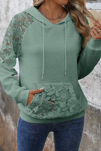 Sage Lace Raglan Sleeve Kangaroo Pocket Waffle Knit Hoodie