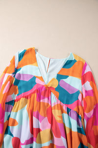 Pink Yellow Orange Abstract Print Bell Sleeve V-Neck Babydoll Dress