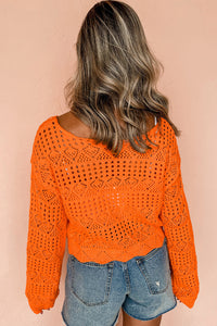 Orange Open Crochet Scallop Edge Long Sleeve Sweater