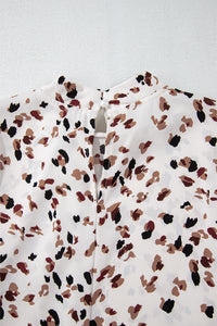 White with Brown & Black Confetti Print Lantern Sleeve Mock Neck Pleated Blouse