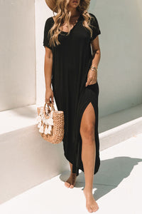 Black V-neck Side Split Maxi T-shirt Dress with Pockets