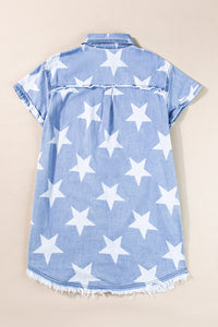 Sky Blue White Stars Frayed Hem Collared Short Sleeve Denim Shirt Dress