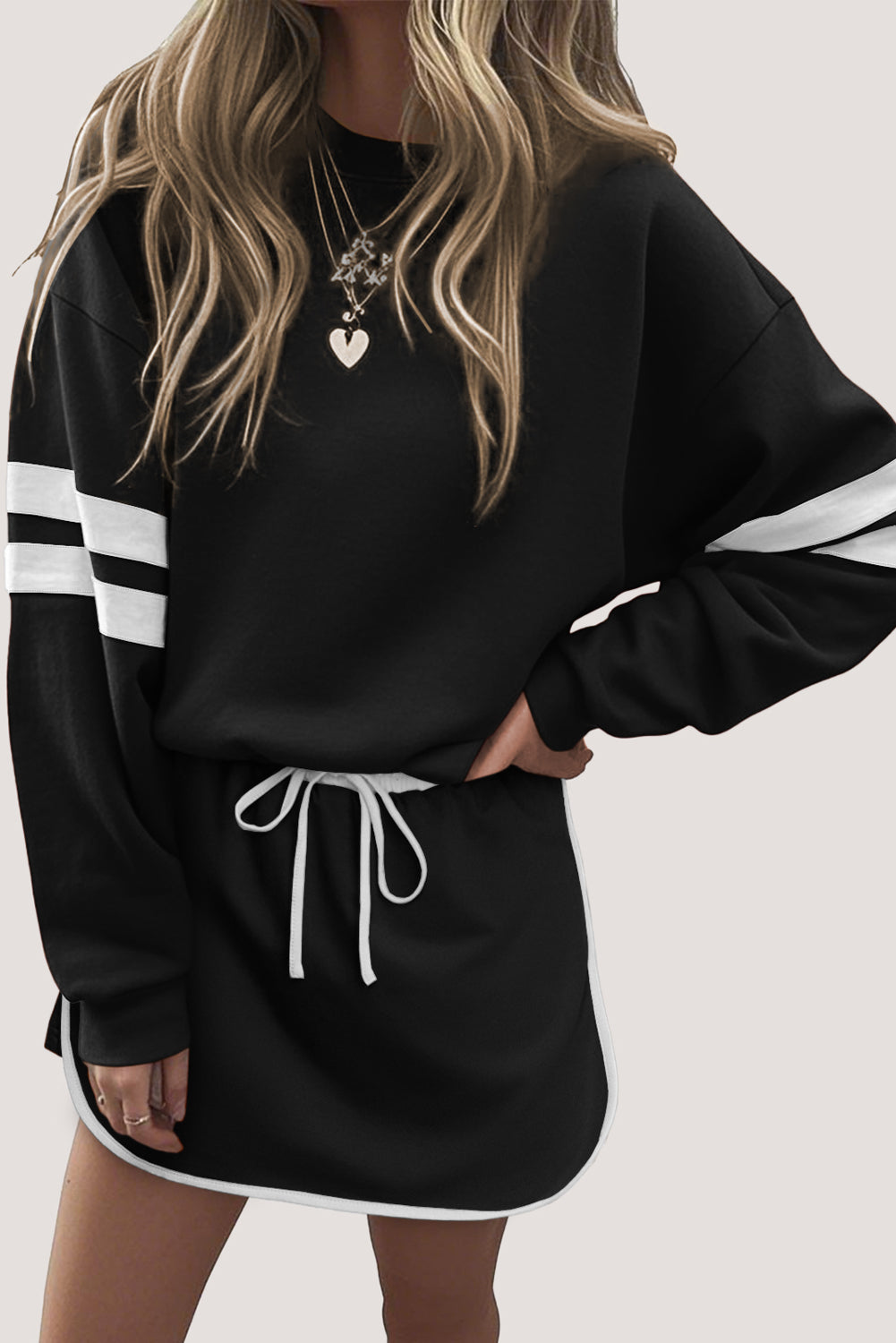 Varsity Stripe Detail Drop Shoulder Pullover Mini Skort Set