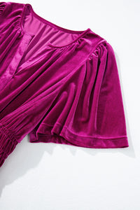 Magenta Velour Short Sleeve Shirred Waist Tiered Maxi Dress