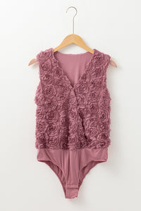 Mauve Pink 3-D Rosette Textured V-Neck Sleeveless Snap Bodysuit