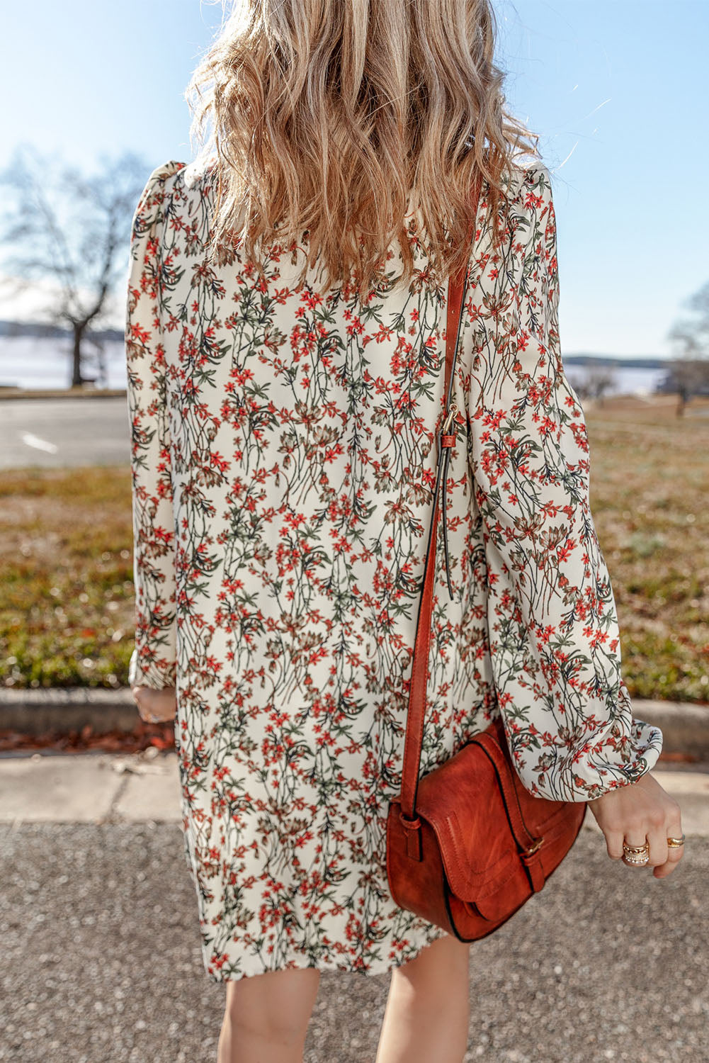 White Fall Floral Print  Long Sleeve Mini Dress