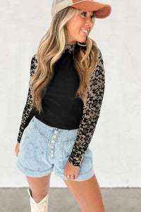 Black Floral Lace Sleeve Mock Neck Rib Knit Fitted Top