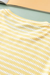 Yellow Striped Textured Puff Sleeve Plus Size Tee