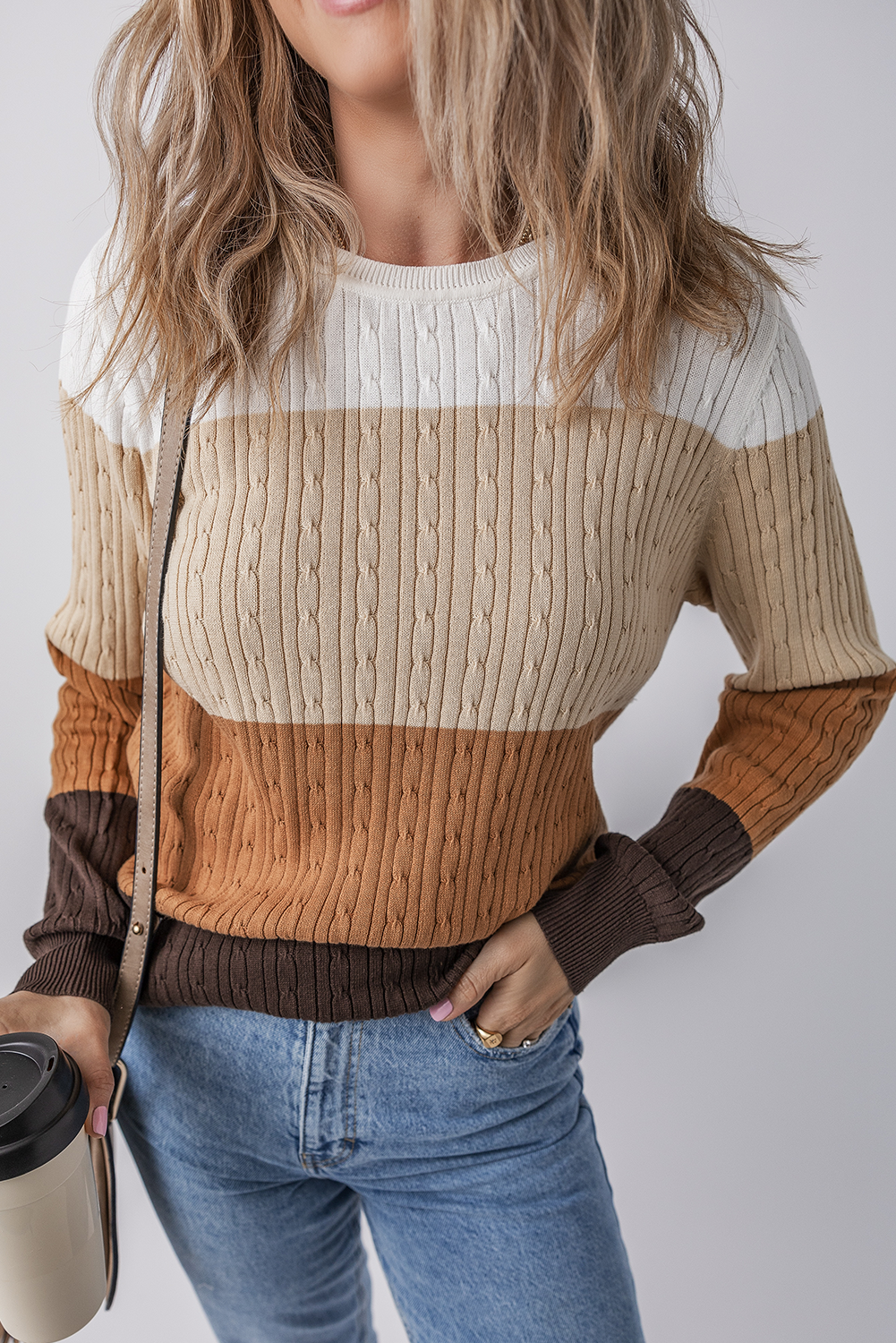 Khaki and Brown Colorblock Cable Knit Crew Neck Sweater