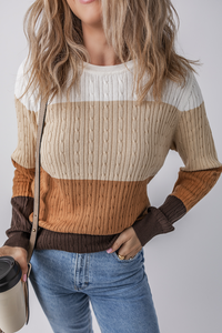 Khaki and Brown Colorblock Cable Knit Crew Neck Sweater