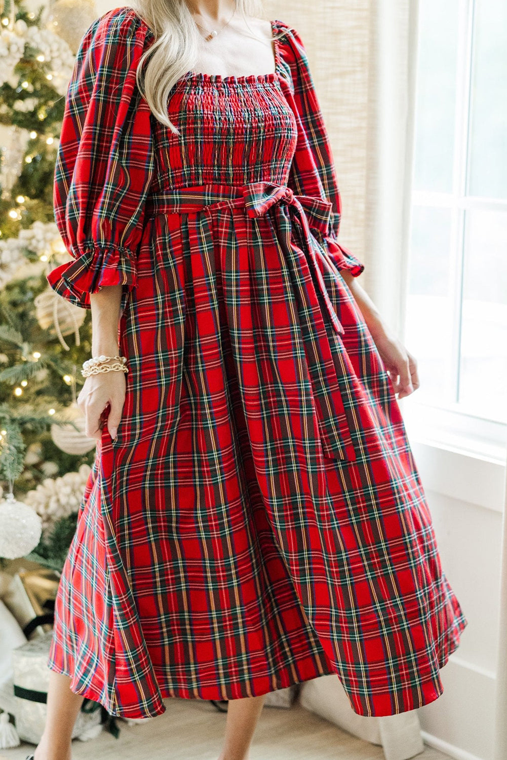 Red Tartan Plaid Smocked Square Neck 1/2 Puff Sleeve Tie Waist Midi Dress