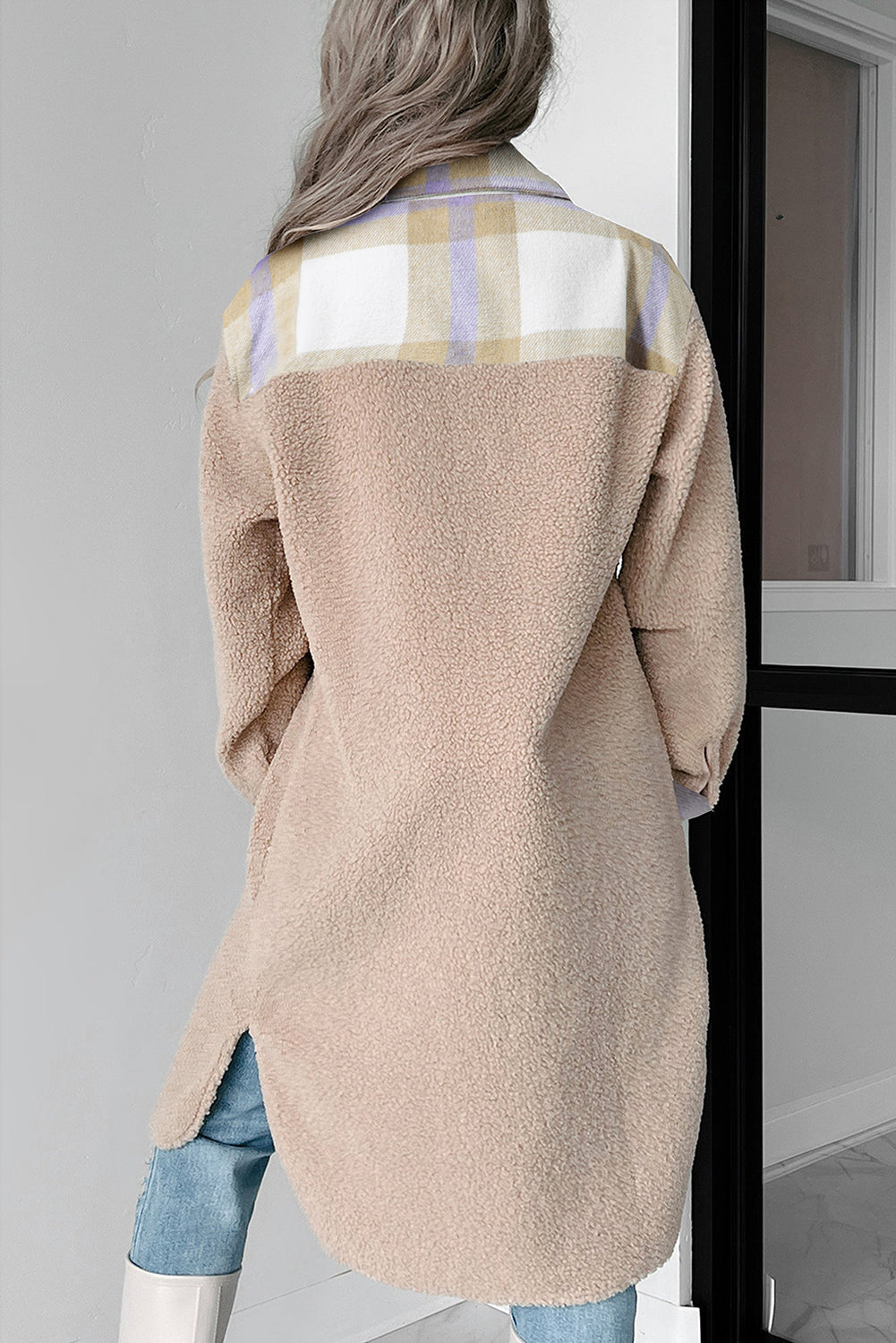 Beige Plaid Patchwork Collared Button-up Sherpa Long Coat